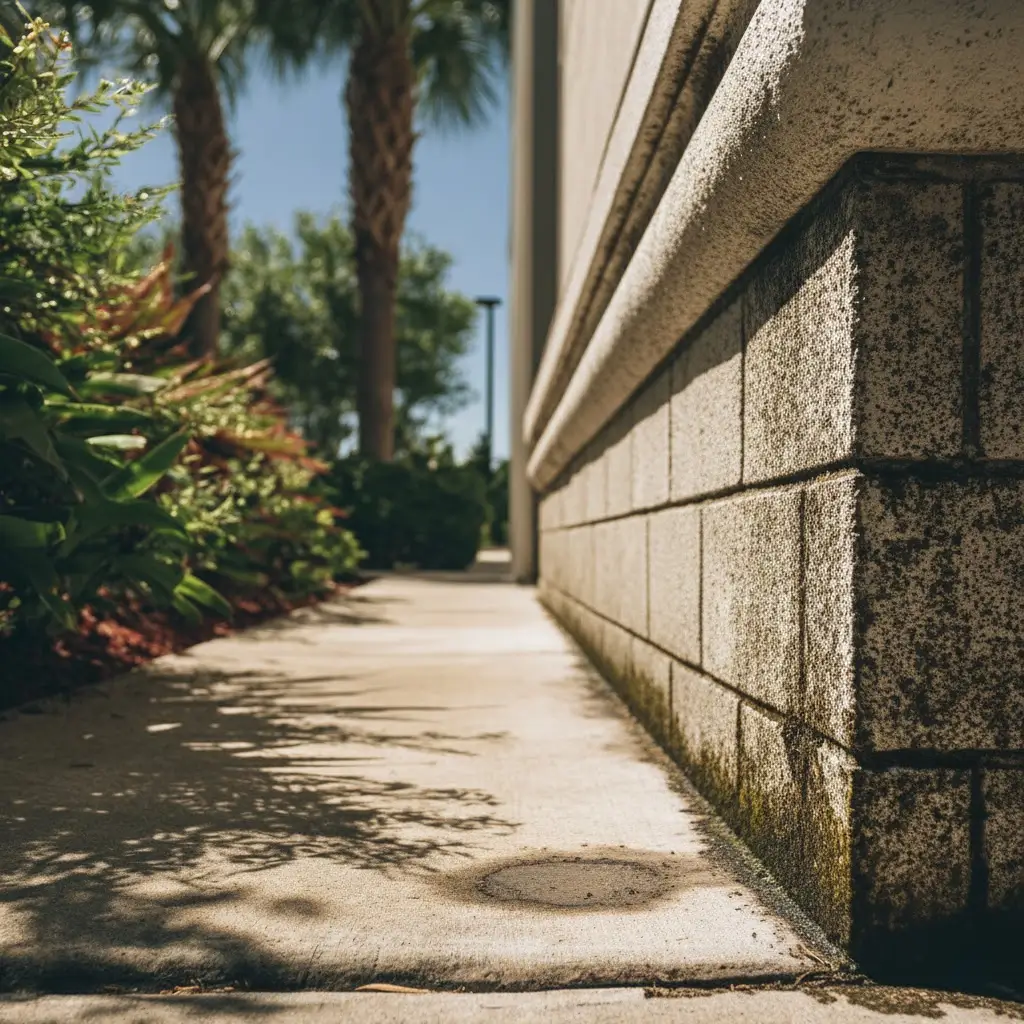 Corner of a commercial building, stained and dirty