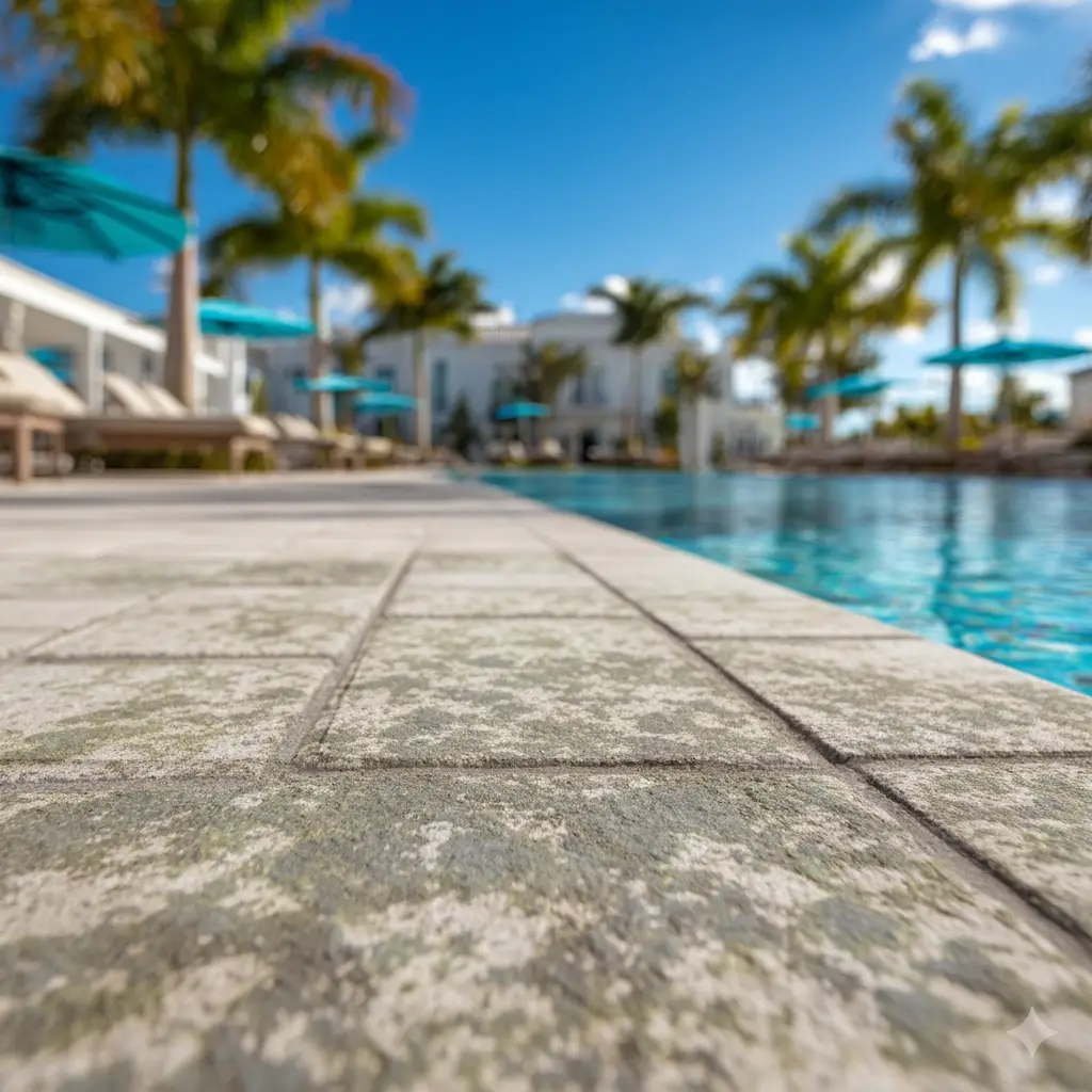 beautiful clubhouse pool area, but in the foreground we see the concrete deck is stained with algae or mildew