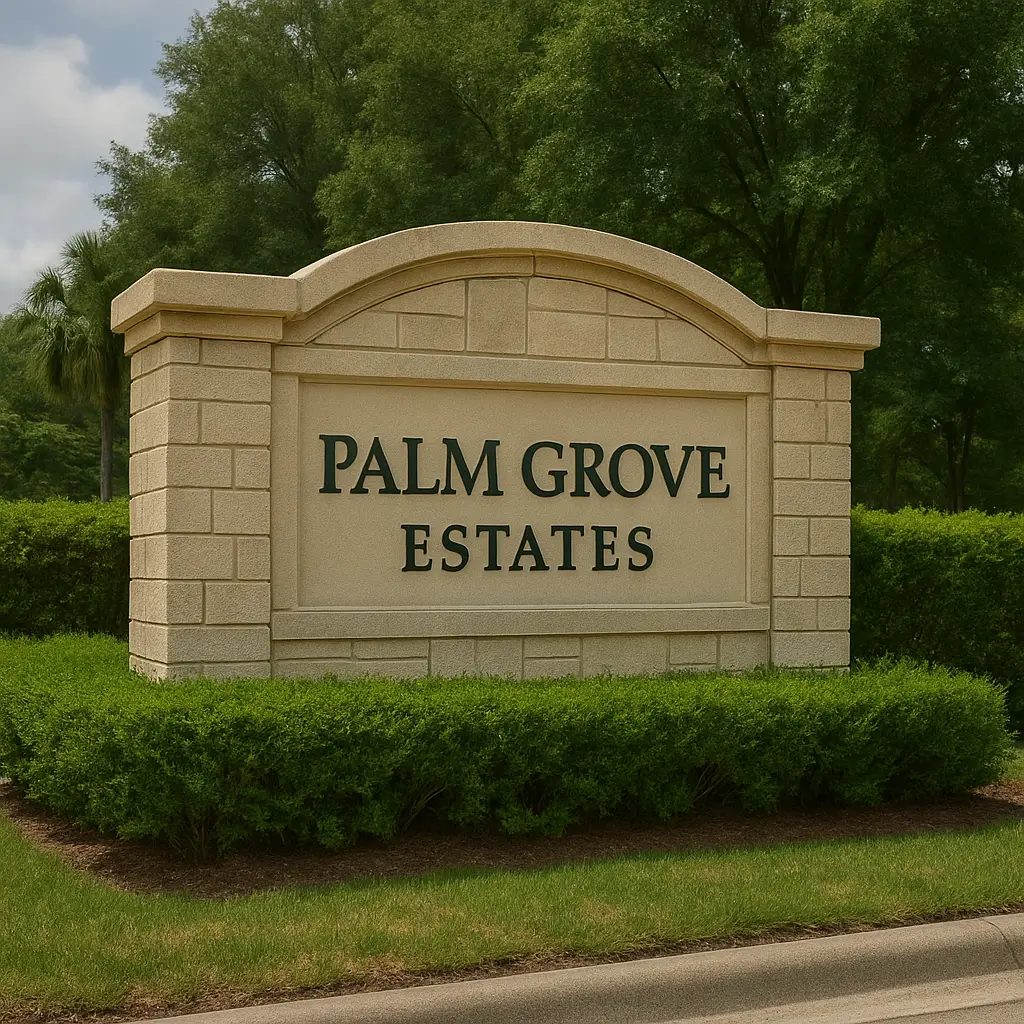 The same community monument sign, looking clean and restored.
