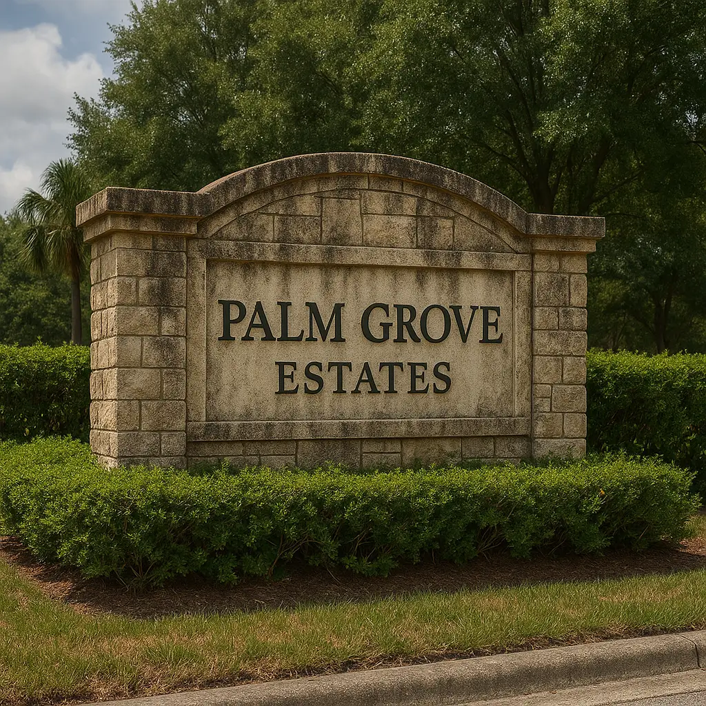 A community monument sign, looking stained with mold and mildew.