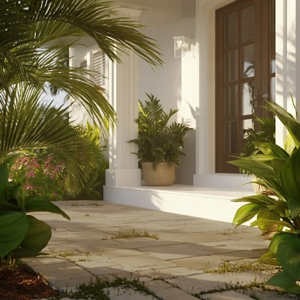 Porch is dirty and overgrown