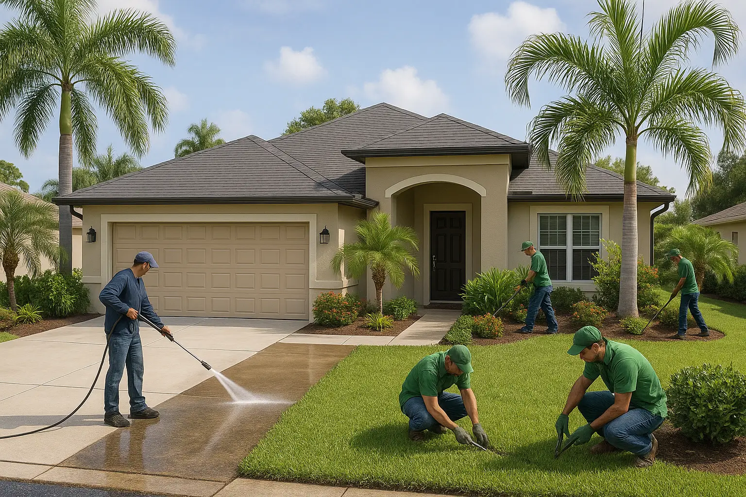 A team of pressure washer and landscapers works on the front of a beautiful florida property