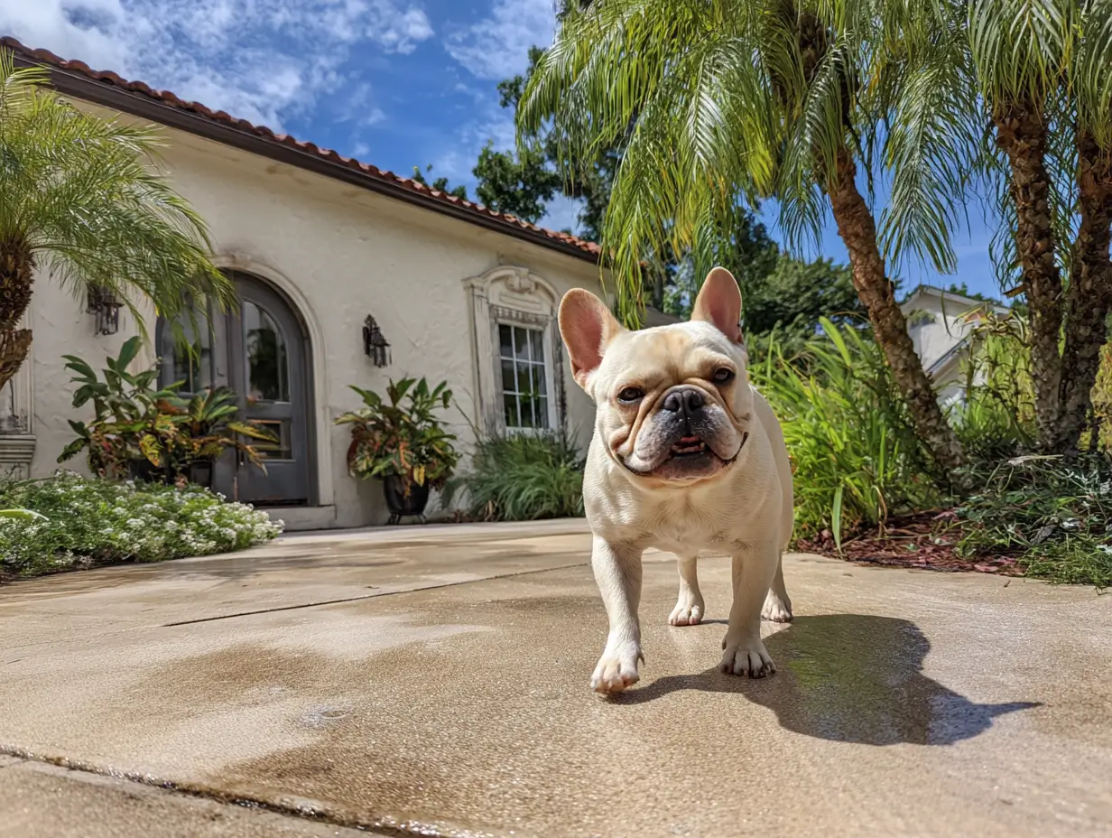 French Bulldog walking confidently on a freshly pressure-washed walkway in front of a Sarasota single-story stucco home with palm trees.