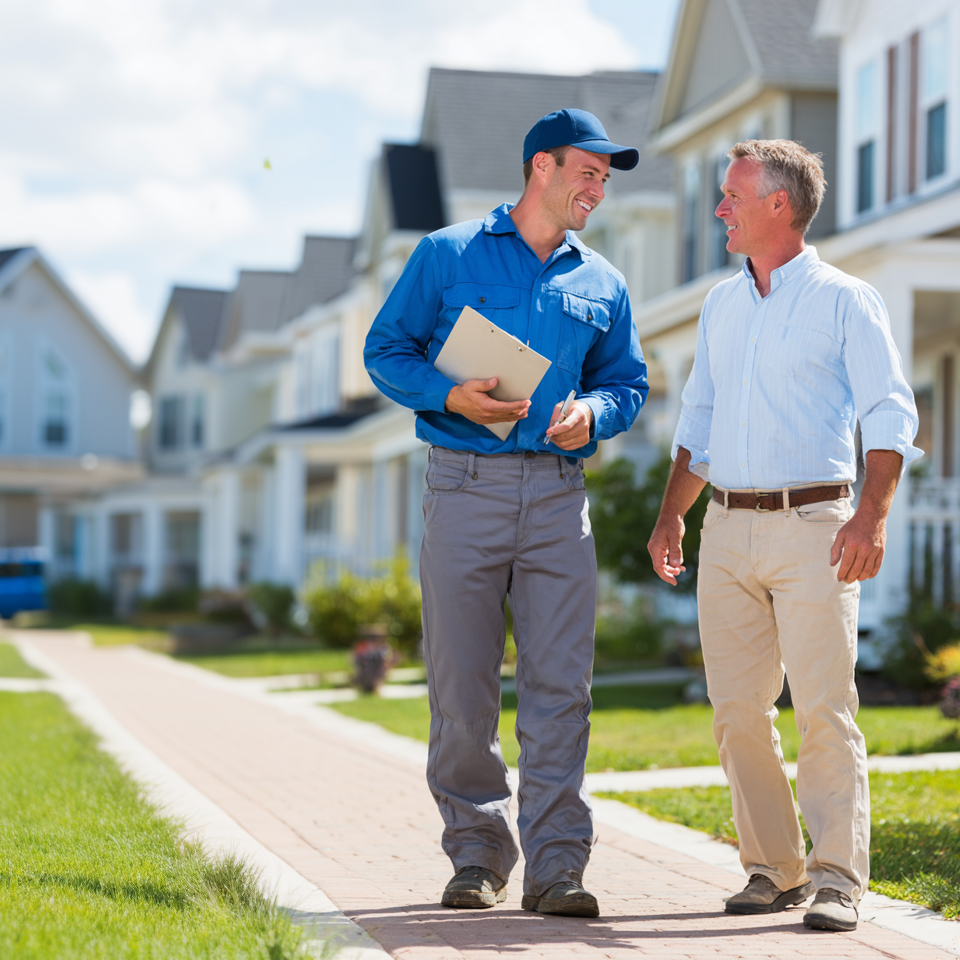 Intercoastal Pressure Washing employee in uniform is holding a clipboard and talking with an HOA board representative as they walk through the neighborhood